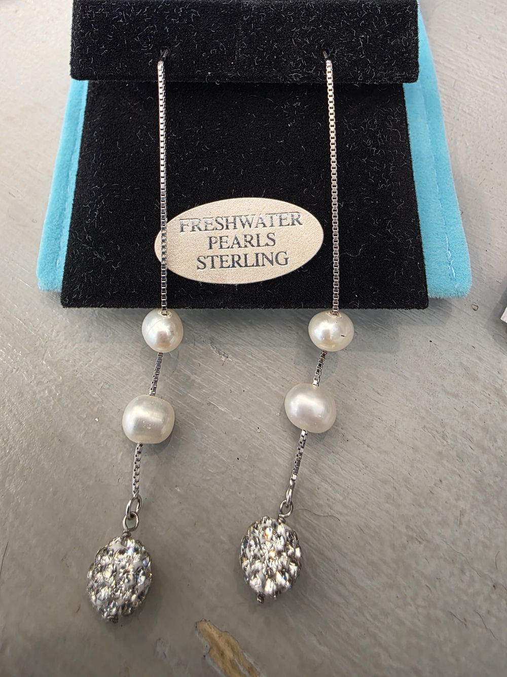 Zales Silver Freshwater Pearl Threader Earrings with Crystal Drops